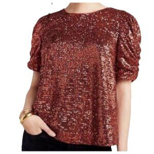 Anthropologie Copper Ruched Puff Sleeve Sequin Top Size 16W Holiday Party Glam